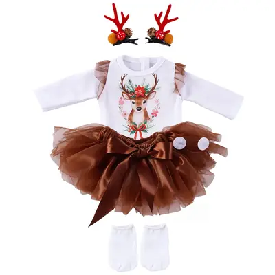 18" Sweet Girl Christmas Reindeer Tulle Skirt Set 3 Pieces