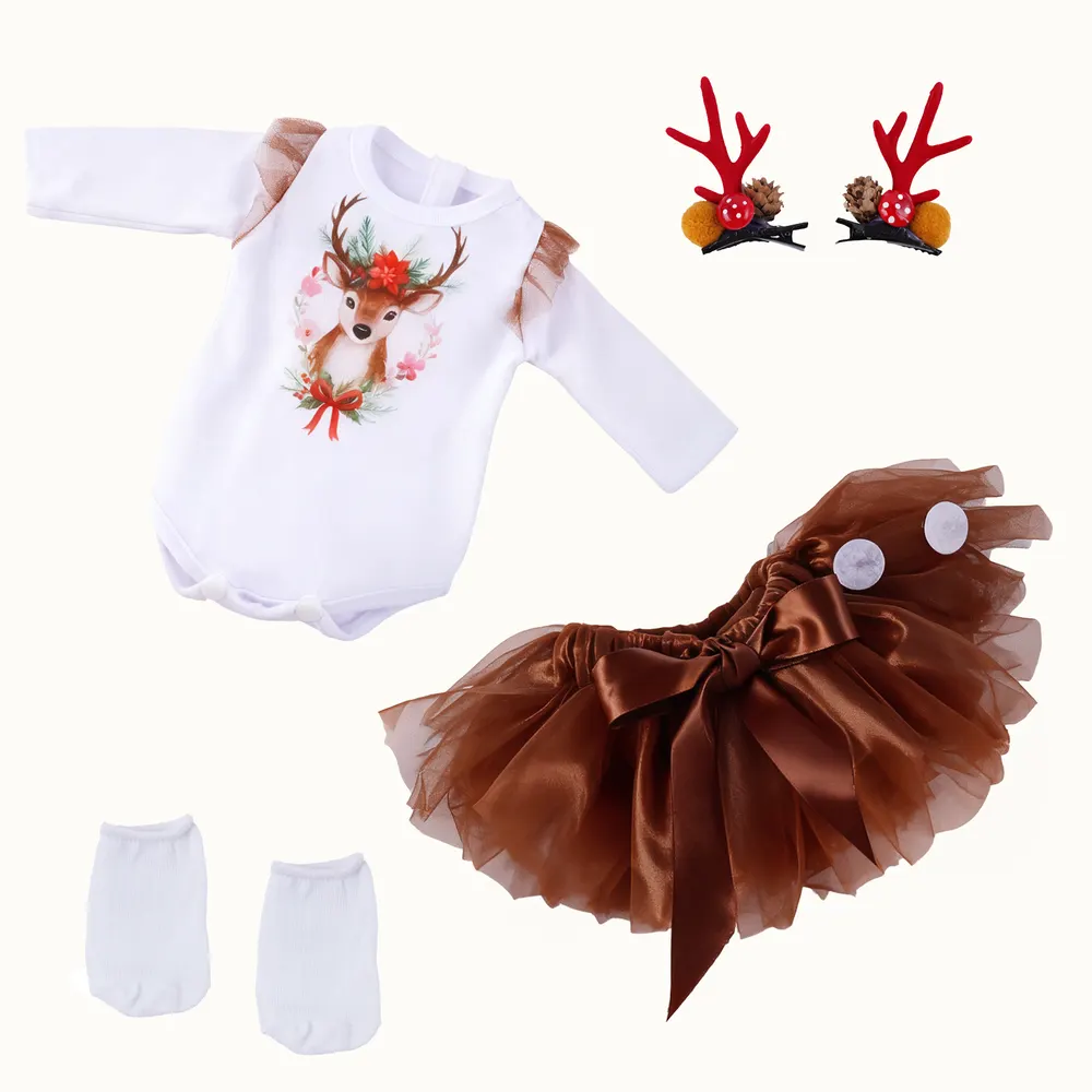 18" Sweet Girl Christmas Reindeer Tulle Skirt Set 3 Pieces, photograph 2