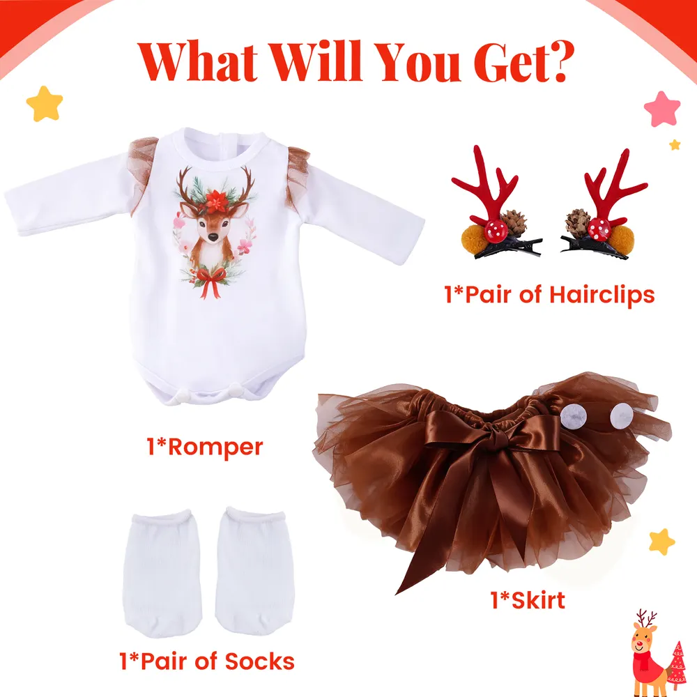 18" Sweet Girl Christmas Reindeer Tulle Skirt Set 3 Pieces, photograph 3