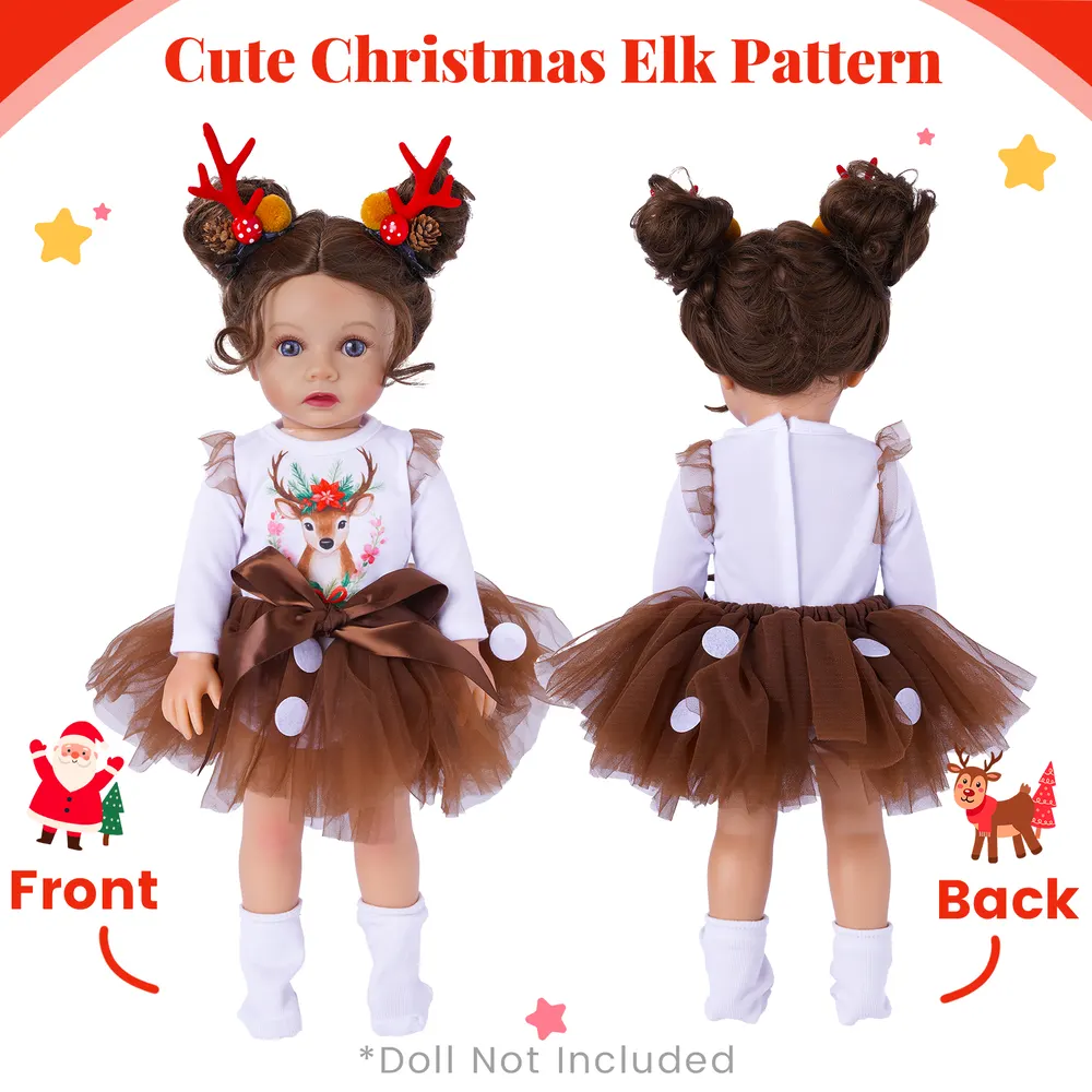 18" Sweet Girl Christmas Reindeer Tulle Skirt Set 3 Pieces, photograph 5