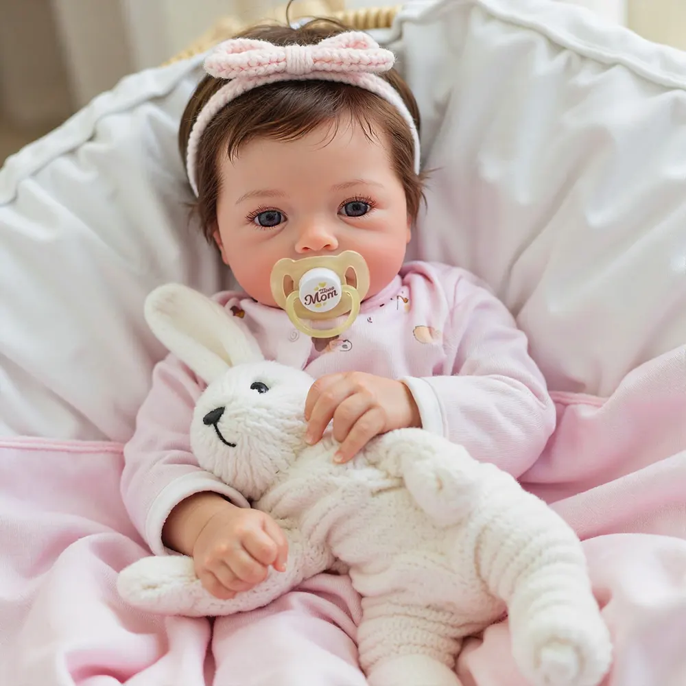 18" Real Cute Lifelike Awake Reborn Newborn Doll Named Novara with Brown Hair, photograph 4