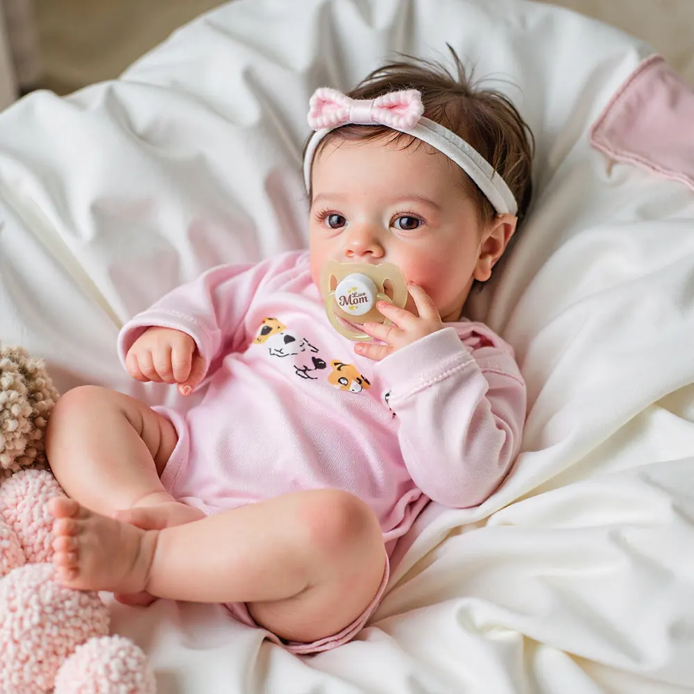 18" Real Cute Lifelike Awake Reborn Newborn Doll Named Novara with Brown Hair, photograph 5