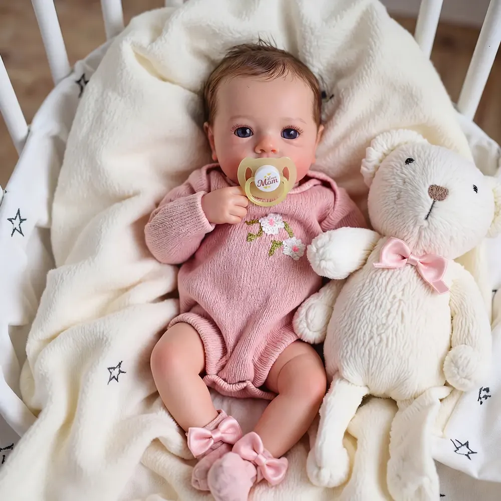 18" Real Lifelike Cute Awake Reborn Newborn Doll Named Cilara with Brown Hair, photograph 2