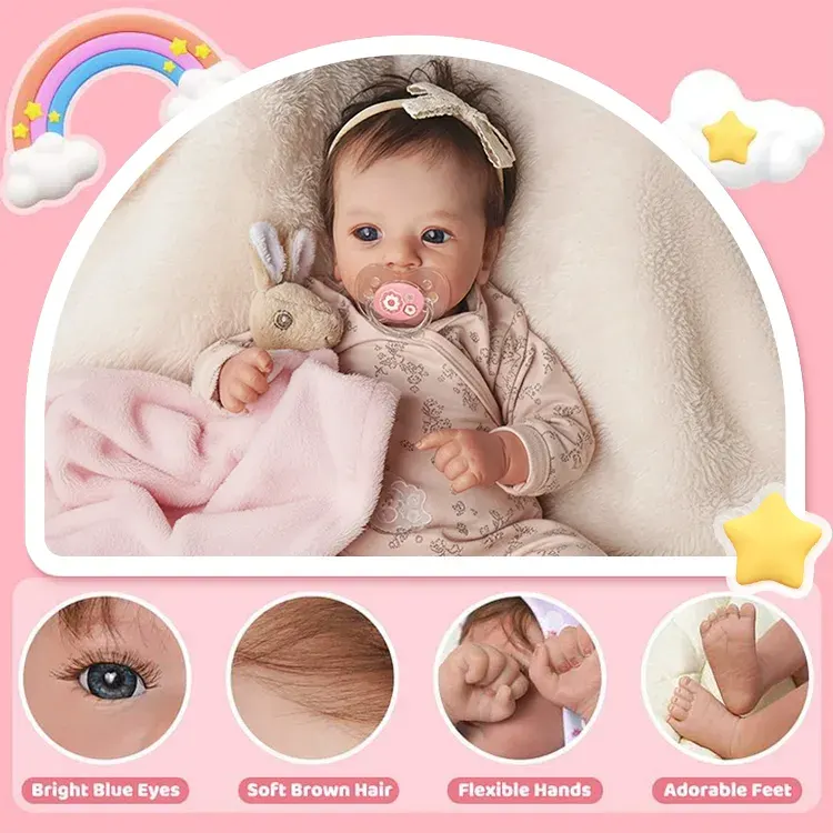 18" Realistic and Cute Reborn Baby Girl Bright Eyes Opened with Brown Hair, photograph 3