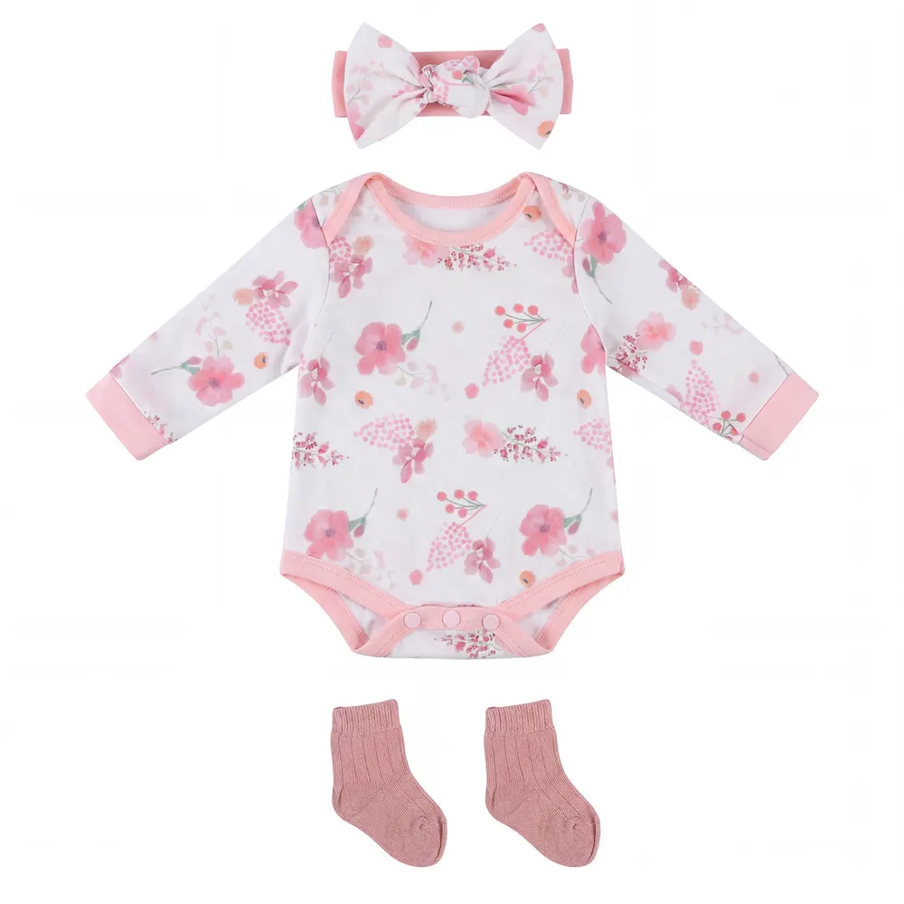 20" Floral Pink and White Romper 3 Pieces Set for Reborn Baby