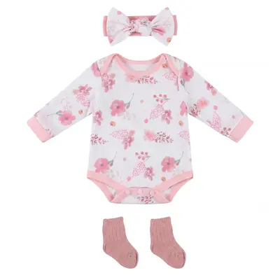 20" Floral Pink and White Romper 3 Pieces Set for Reborn Baby