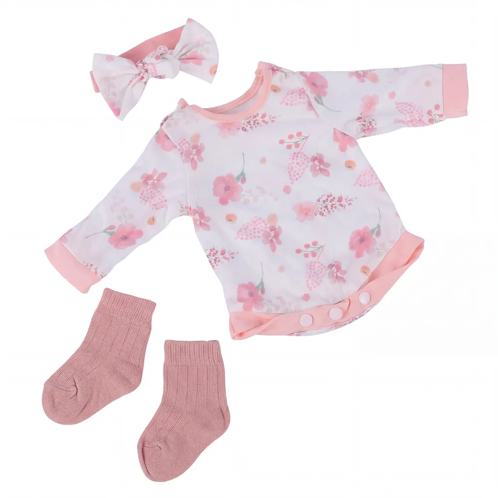 20" Floral Pink and White Romper 3 Pieces Set for Reborn Baby, photograph 2
