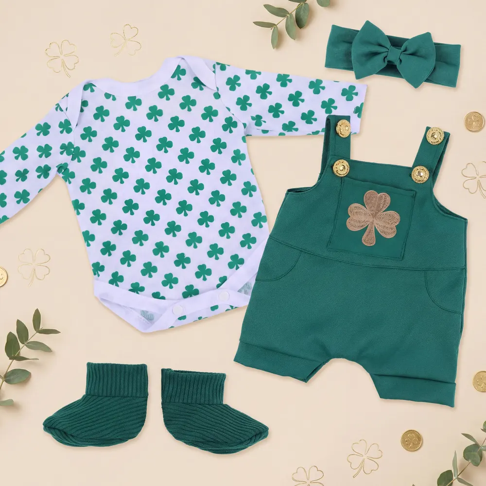 20" Four-Leaf Clover Green Overalls Four-Piece Set, photograph 2