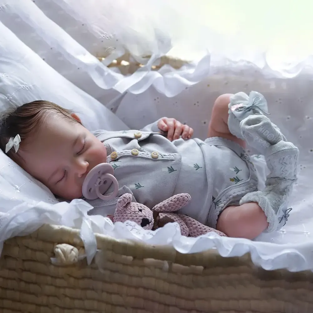 20" Newborn Lifelike Sleeping Baby Brown Hair Doll Girl Noda with Heartbeat & Sound, photograph 4