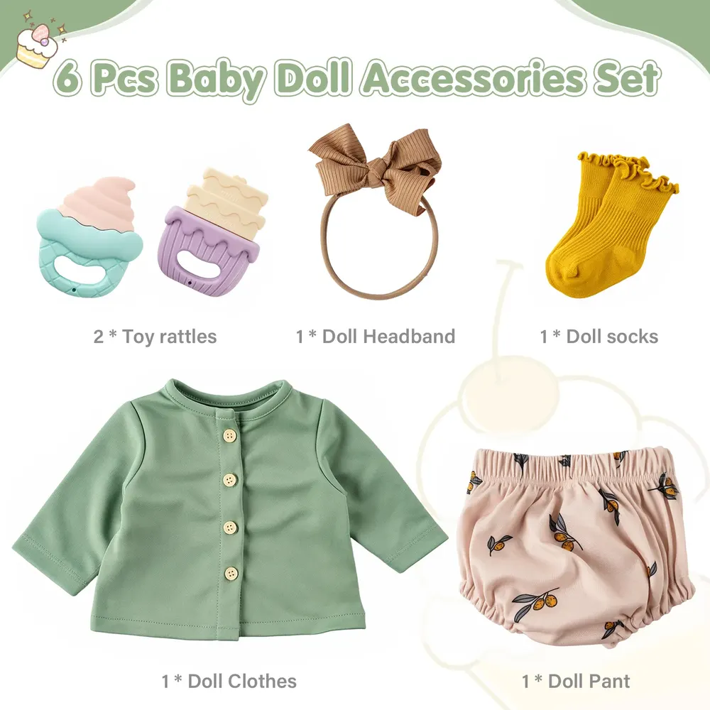20" Reborn Baby Doll Green 6 Pcs Set Clothing Accessories, photograph 2