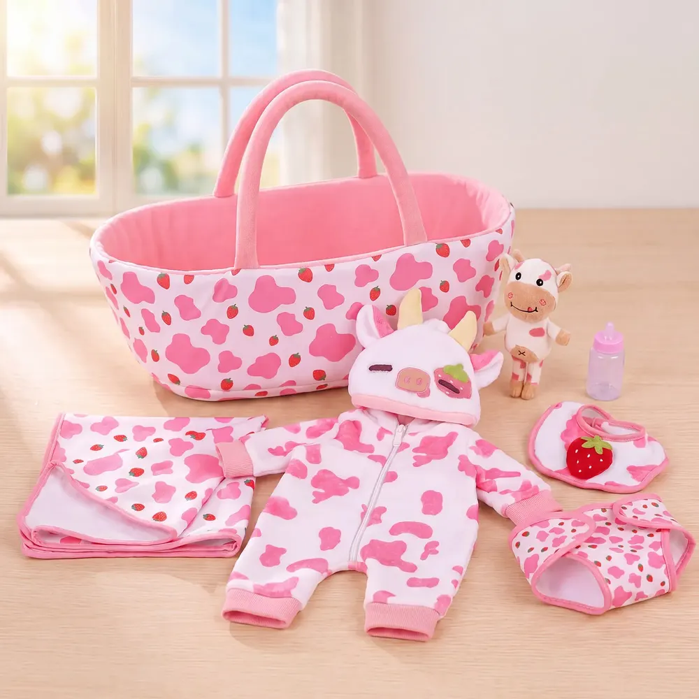 20" Sweet Strawberry Cow Basket Gift Set for Reborn Baby Dolls, photograph 2