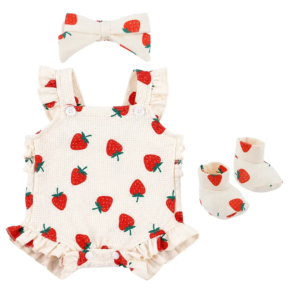 20" Sweet Strawberry Romper Outfit Set 3 Pieces for Reborn Baby Dolls, photograph 2