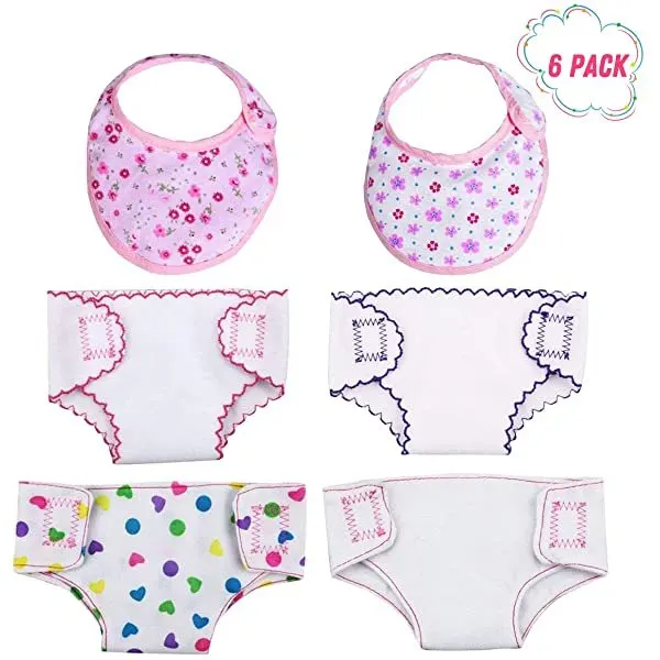 12"-16" Clothes Accessories 4 Pcs Doll Nappies and 2 Pcs Doll Bibs Set