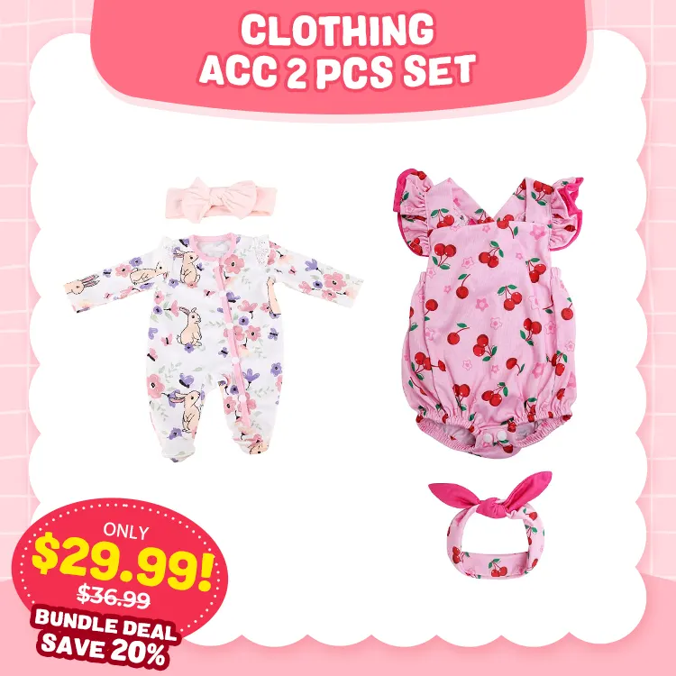 17"-20" Reborn Baby Girl Doll Pink Bunny, Cherry Bodysuit 4-Pcs Clothing Accessories