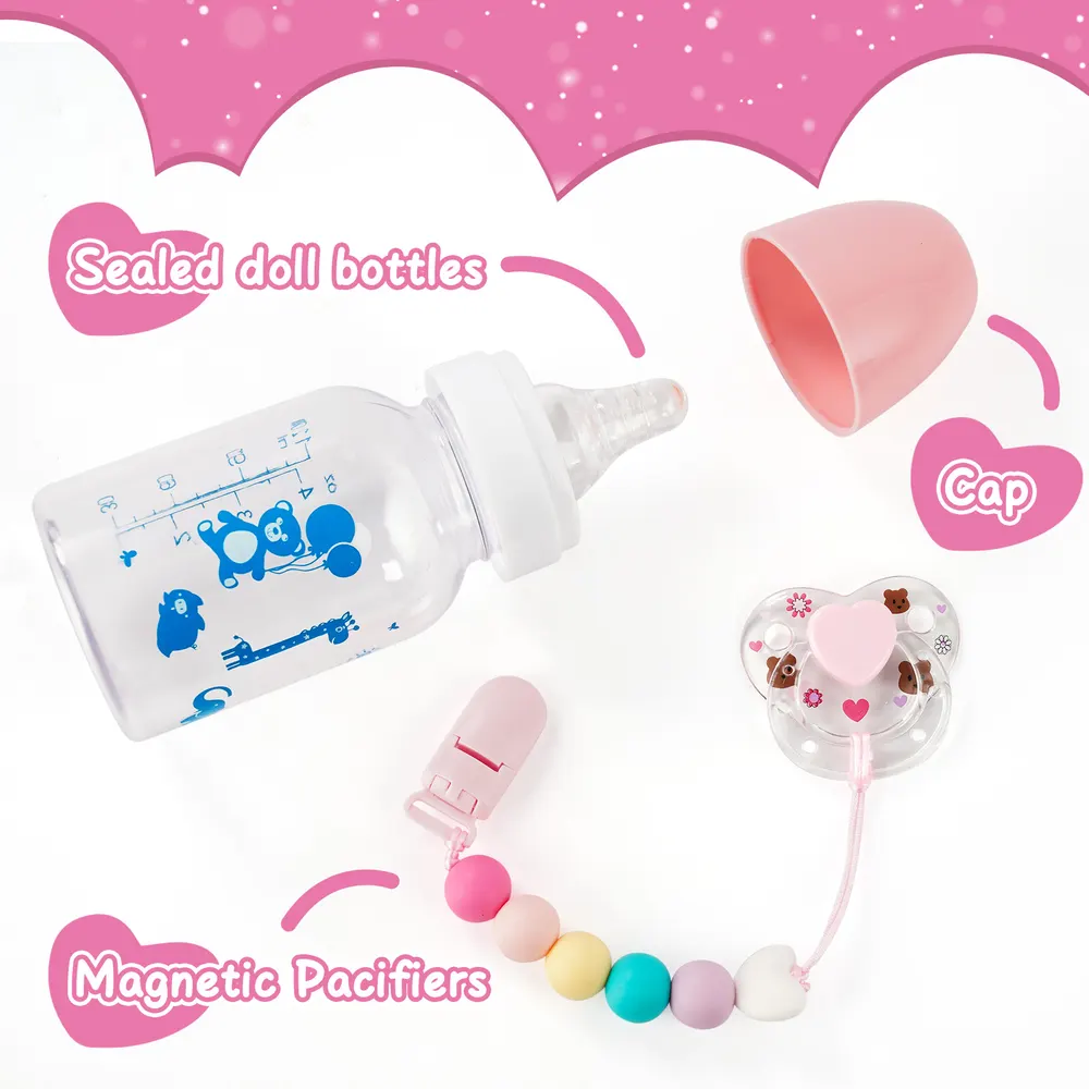 Cute Pink Magnetic Pacifier and Bottle 3 Pcs Set Safe Reborn Baby Doll Accessories, photograph 3