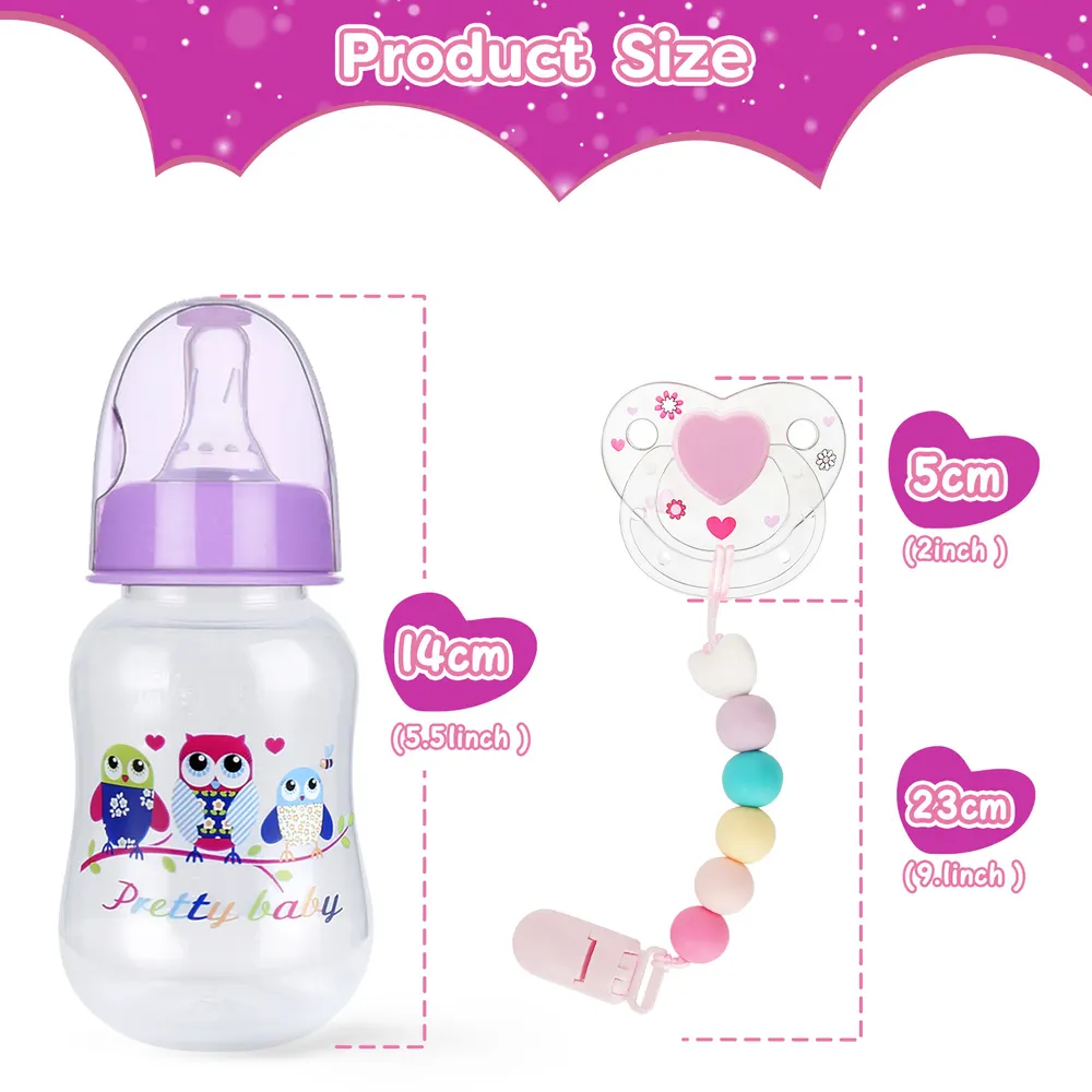 Cute Purple Magnetic Pacifier and Bottle 3 Pcs Set Safe Reborn Baby Doll Accessories, photograph 2
