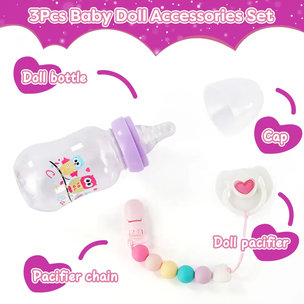 Cute Purple Magnetic Pacifier and Bottle 3 Pcs Set Safe Reborn Baby Doll Accessories, photograph 3