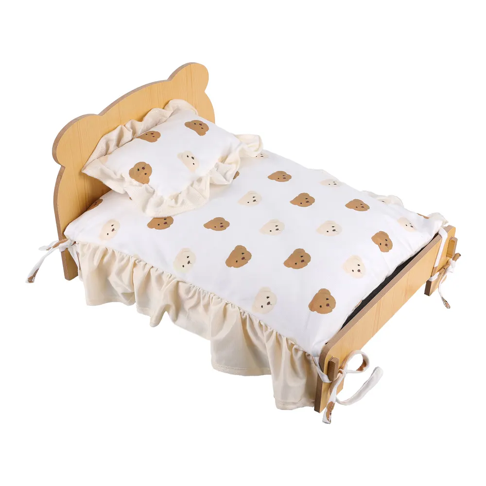 12"-20" Reborn Baby Doll Wood Sleeping Bed with Little Bear Pattern Pillow
