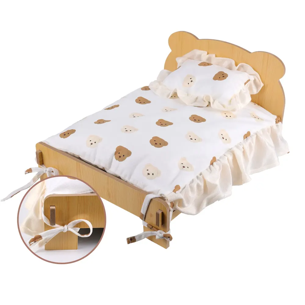 12"-20" Reborn Baby Doll Wood Sleeping Bed with Little Bear Pattern Pillow, photograph 2