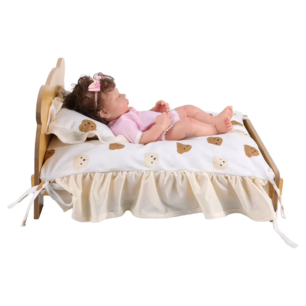 12"-20" Reborn Baby Doll Wood Sleeping Bed with Little Bear Pattern Pillow, photograph 3