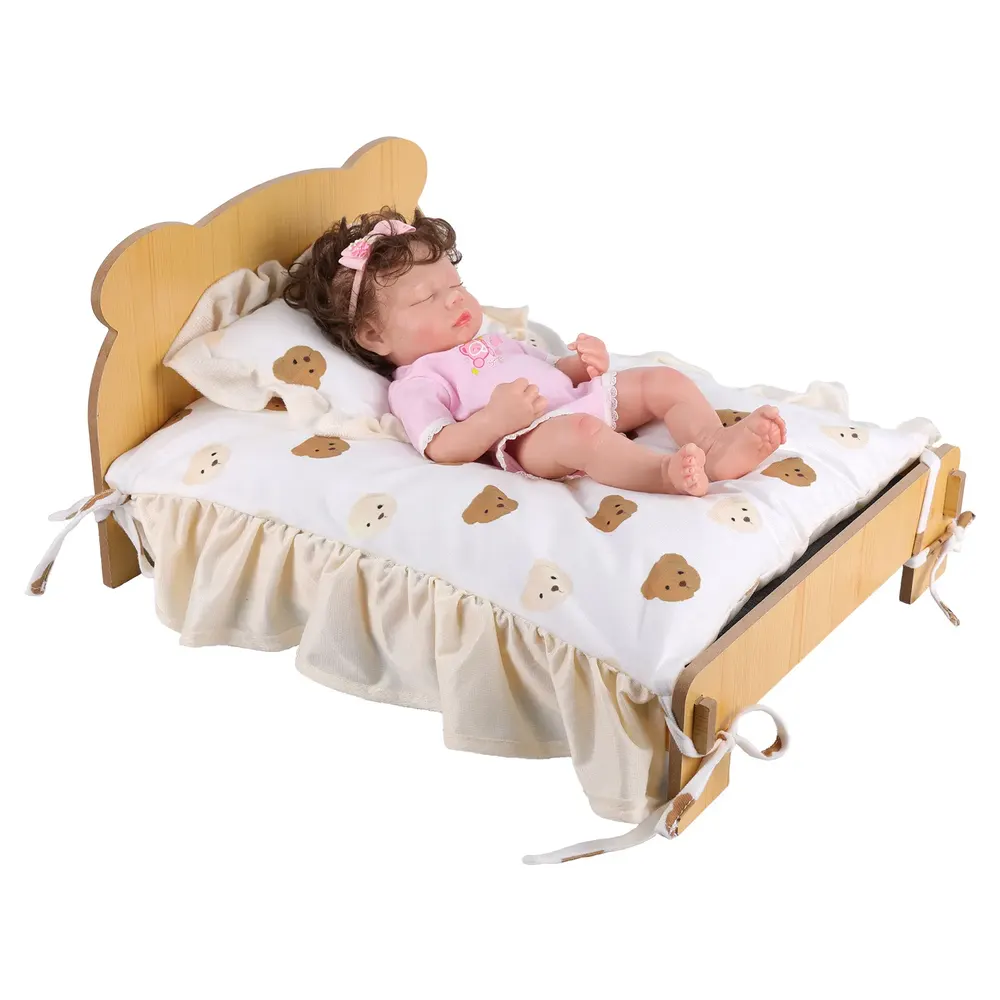12"-20" Reborn Baby Doll Wood Sleeping Bed with Little Bear Pattern Pillow, photograph 4