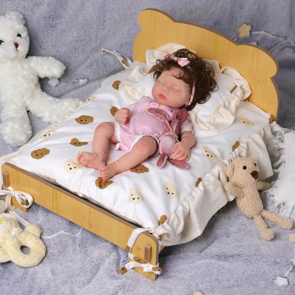 12"-20" Reborn Baby Doll Wood Sleeping Bed with Little Bear Pattern Pillow, photograph 6