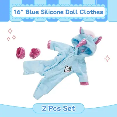 16" Full Body Silicone Baby Doll Blue Unicorn Romper 2-Pieces Set Accessories