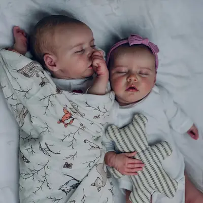 Heartbeat & Sound 17" Asleep Twins Reborn Baby Doll Girl and Boy with Rooted Brown