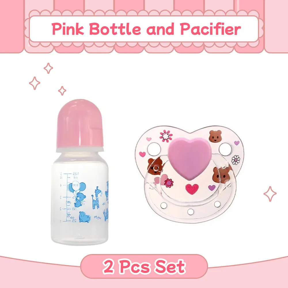 Pink Style Pacifier and Bottle 2 Piece Set Safest Reborn Baby Doll Girl Accessories