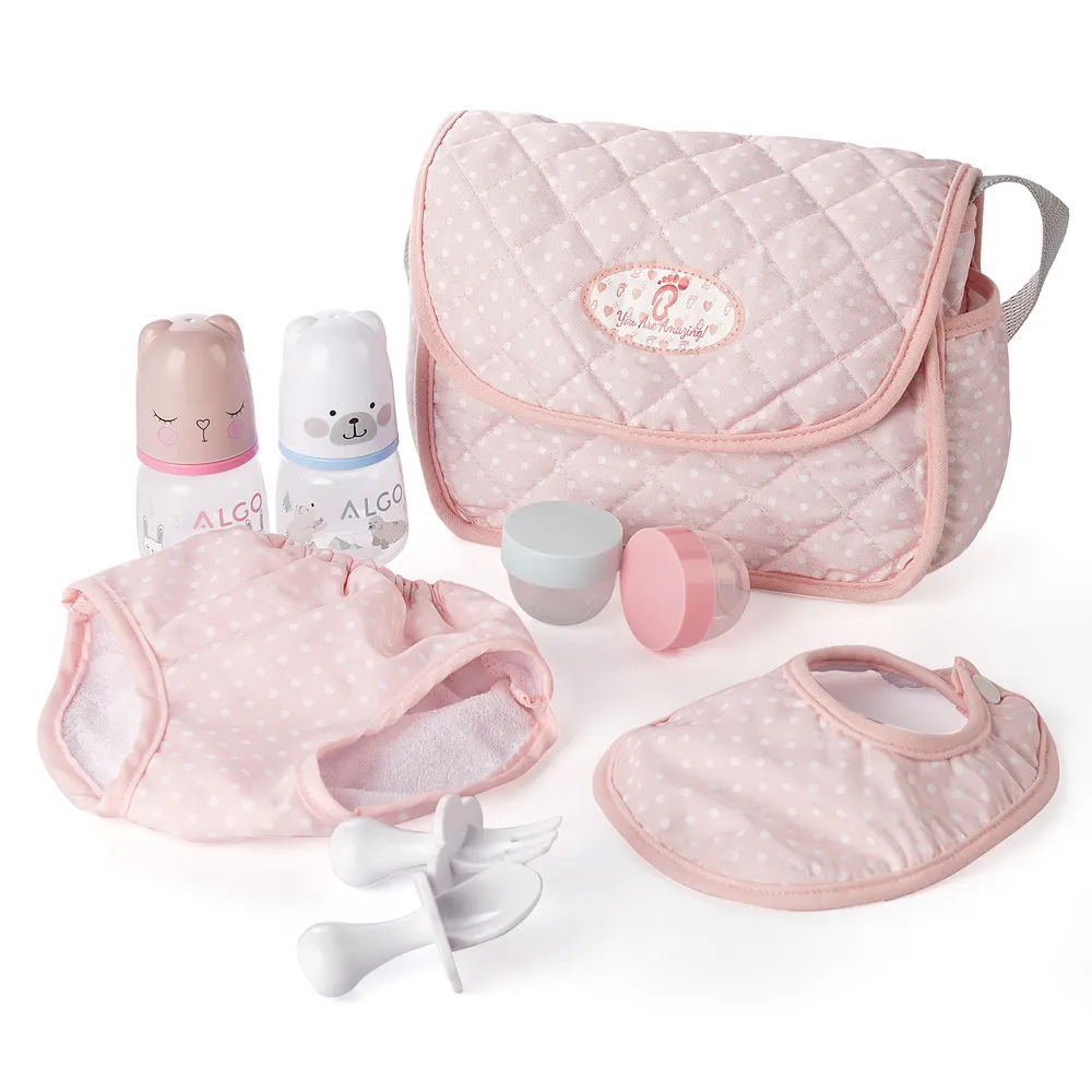 Pink Polka Dot Tote Feeding Series 9 Pcs Set Suitable for Reborn Baby Doll