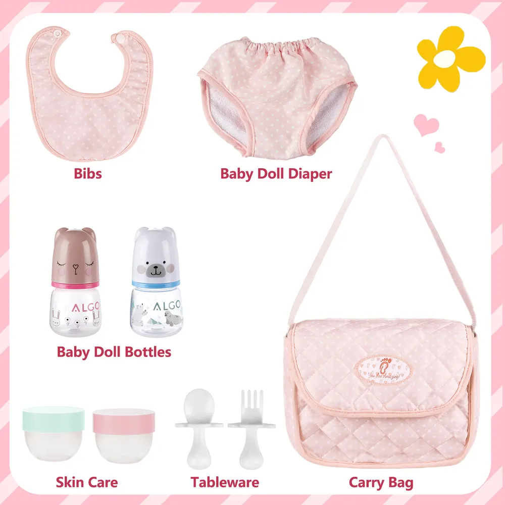 Pink Polka Dot Tote Feeding Series 9 Pcs Set Suitable for Reborn Baby Doll, photograph 2