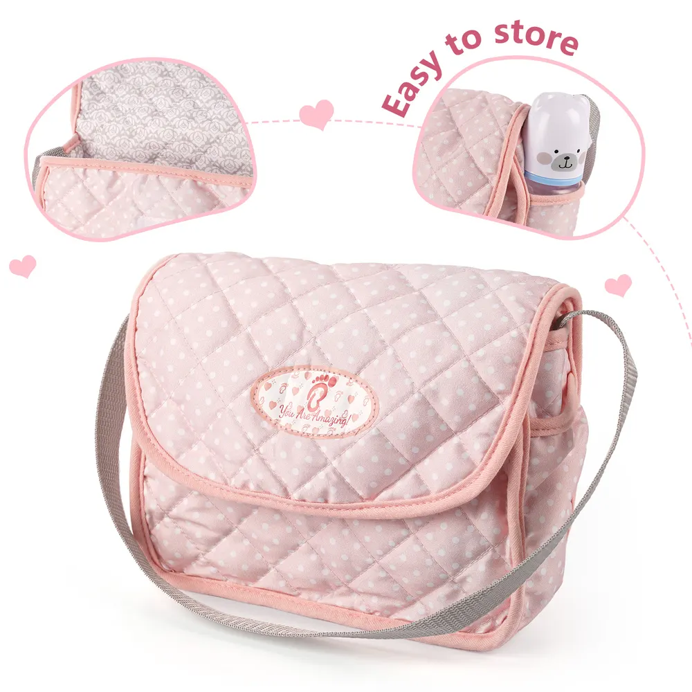 Pink Polka Dot Tote Feeding Series 9 Pcs Set Suitable for Reborn Baby Doll, photograph 3