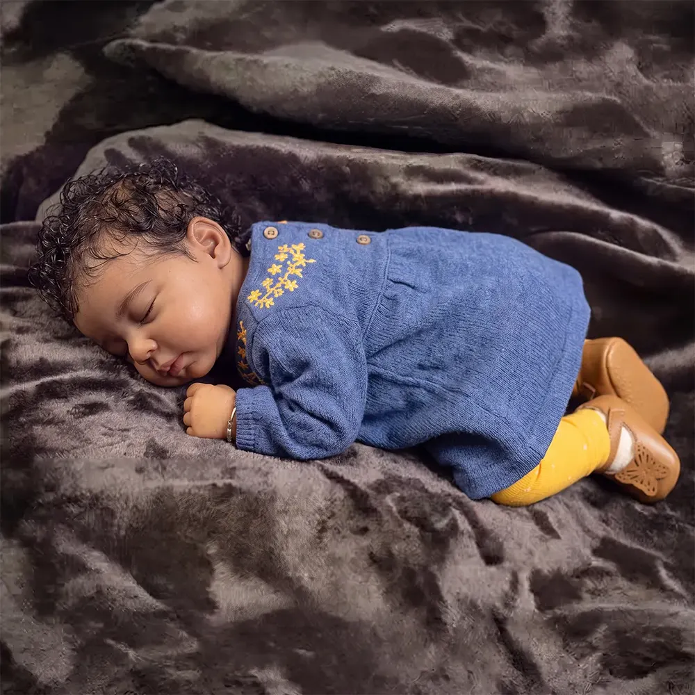 12"/16" Full Body Silicone African American Sleeping Baby Doll in Blue Outfit – Amani, photograph 2
