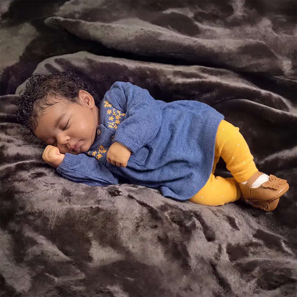 12"/16" Full Body Silicone African American Sleeping Baby Doll in Blue Outfit – Amani, photograph 5