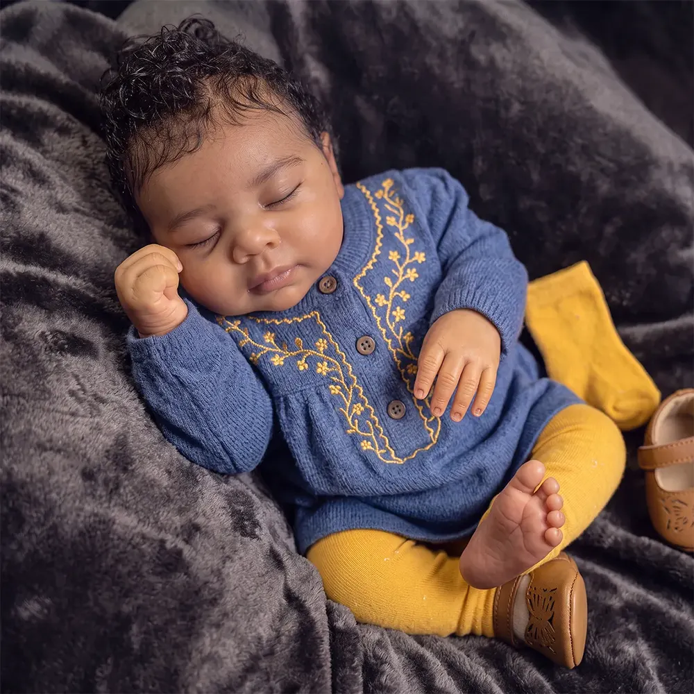 12"/16" Full Body Silicone African American Sleeping Baby Doll in Blue Outfit – Amani, photograph 6