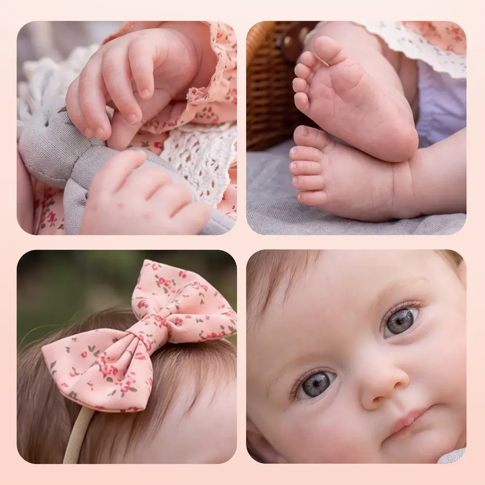 12"/16" Full Body Silicone Lifelike Awake Baby Doll in Pink Floral Lace Dress – Tansy, photograph 3
