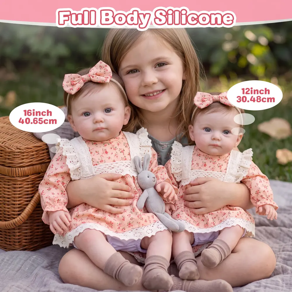 12"/16" Full Body Silicone Lifelike Awake Baby Doll in Pink Floral Lace Dress – Tansy, photograph 5