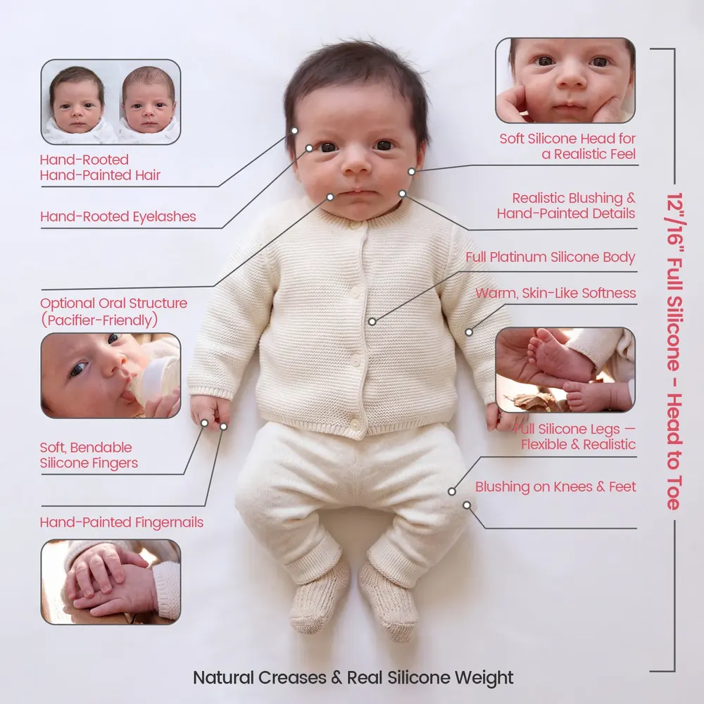 Full-Body Silicone Reborn Baby Doll, 12"/16" Lifelike Boy, Beige Knit Outfit – Wynne, photograph 5