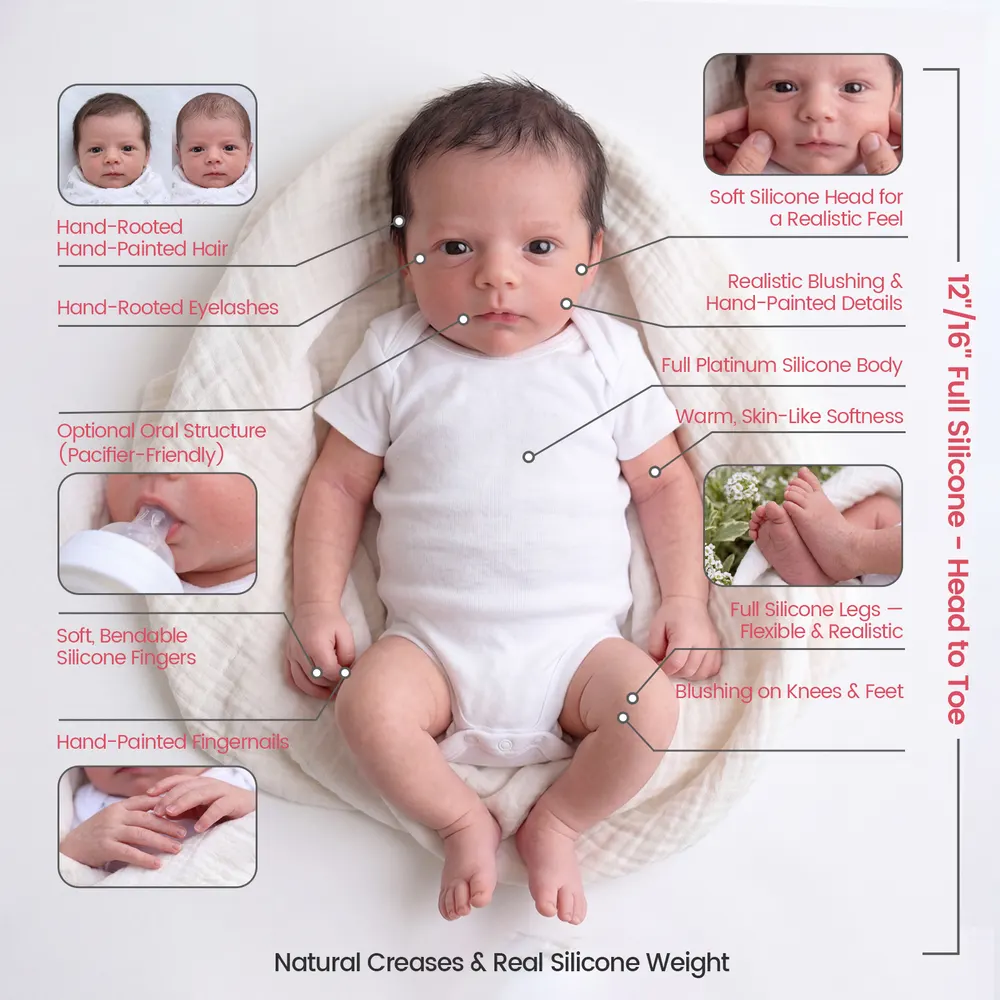 Full Body Silicone Reborn Baby Doll 12"/16" Lifelike Boy, White Romper, Wynne, photograph 5