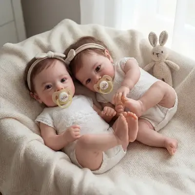 Reborn Twins with Hand-Rooted Brown Hair, 18" Newborn Girls with Heartbeat Function
