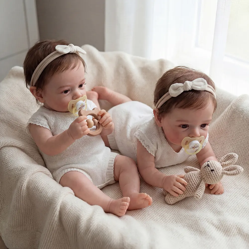 Reborn Twins with Hand-Rooted Brown Hair, 18" Newborn Girls with Heartbeat Function, photograph 2