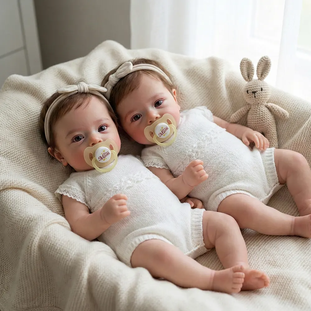 Reborn Twins with Hand-Rooted Brown Hair, 18" Newborn Girls with Heartbeat Function, photograph 4