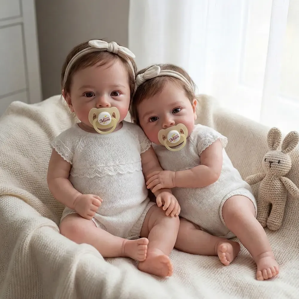 Reborn Twins with Hand-Rooted Brown Hair, 18" Newborn Girls with Heartbeat Function, photograph 5