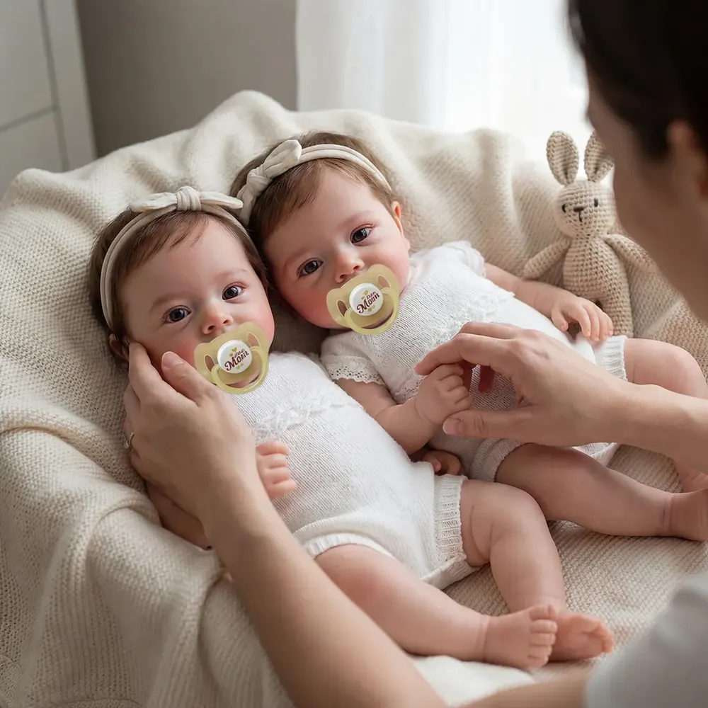 Reborn Twins with Hand-Rooted Brown Hair, 18" Newborn Girls with Heartbeat Function, photograph 6