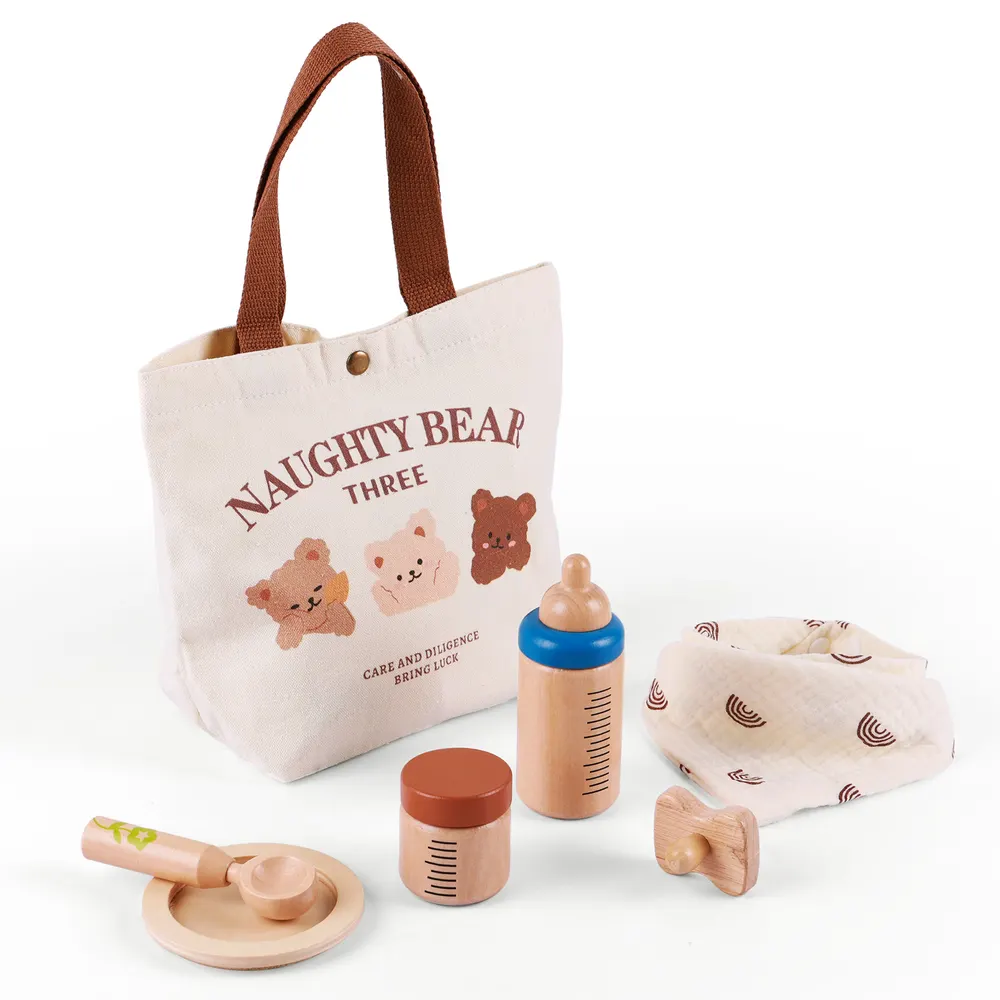 Three Bears Canvas Bag + Wooden Feeding 6 Pcs Set Reborn Baby Doll Accessories Set