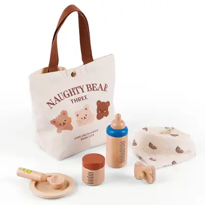 Three Bears Canvas Bag + Wooden Feeding 6 Pcs Set Reborn Baby Doll Accessories Set
