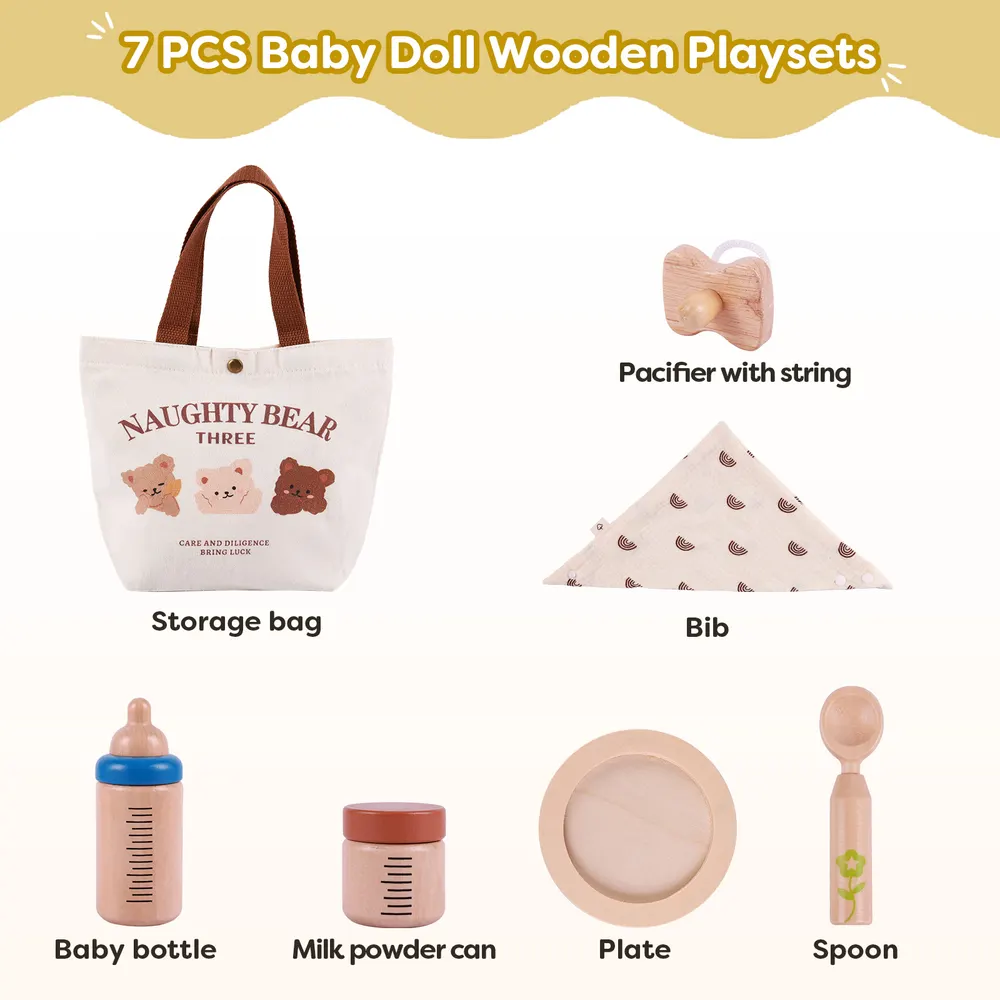 Three Bears Canvas Bag + Wooden Feeding 6 Pcs Set Reborn Baby Doll Accessories Set, photograph 2