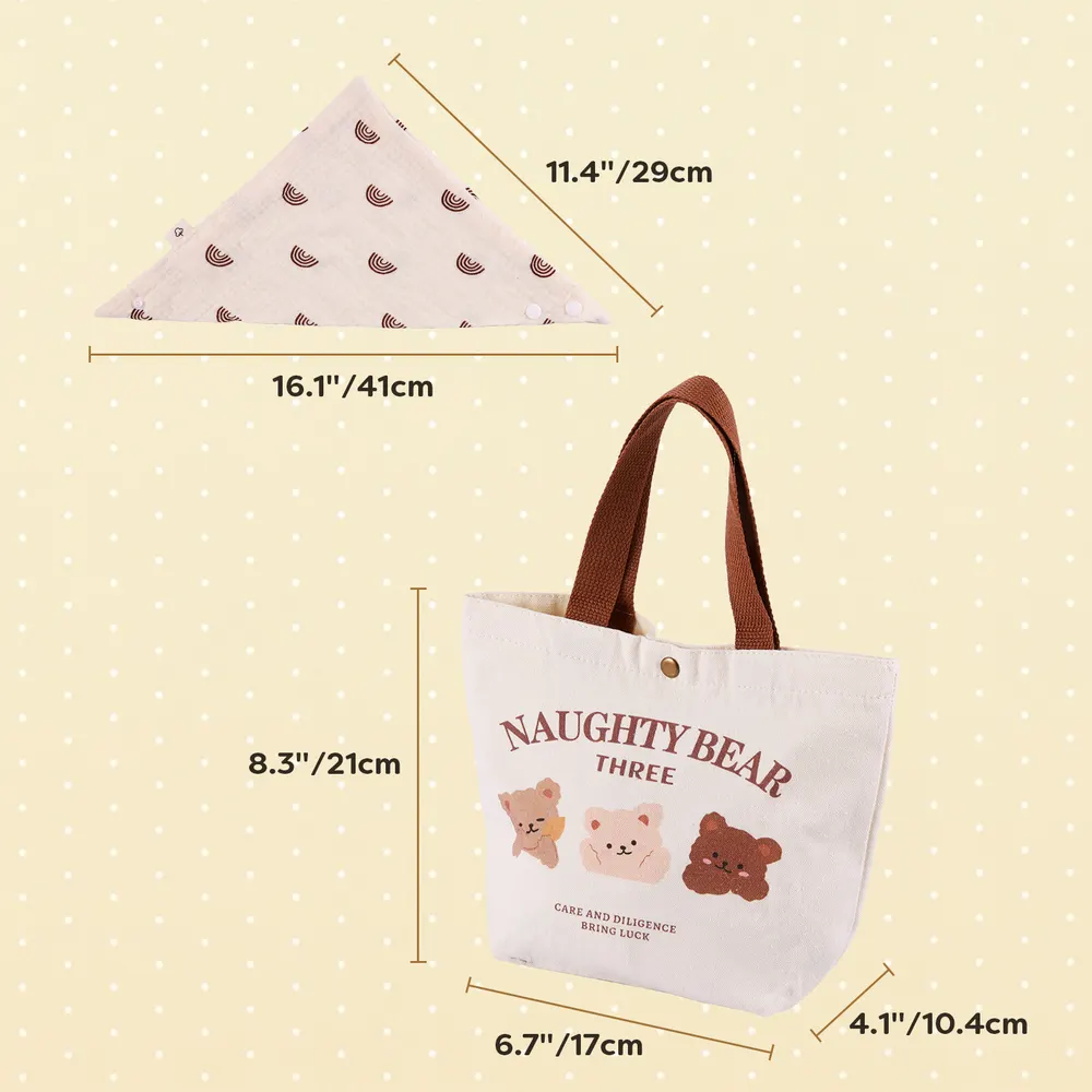 Three Bears Canvas Bag + Wooden Feeding 6 Pcs Set Reborn Baby Doll Accessories Set, photograph 3